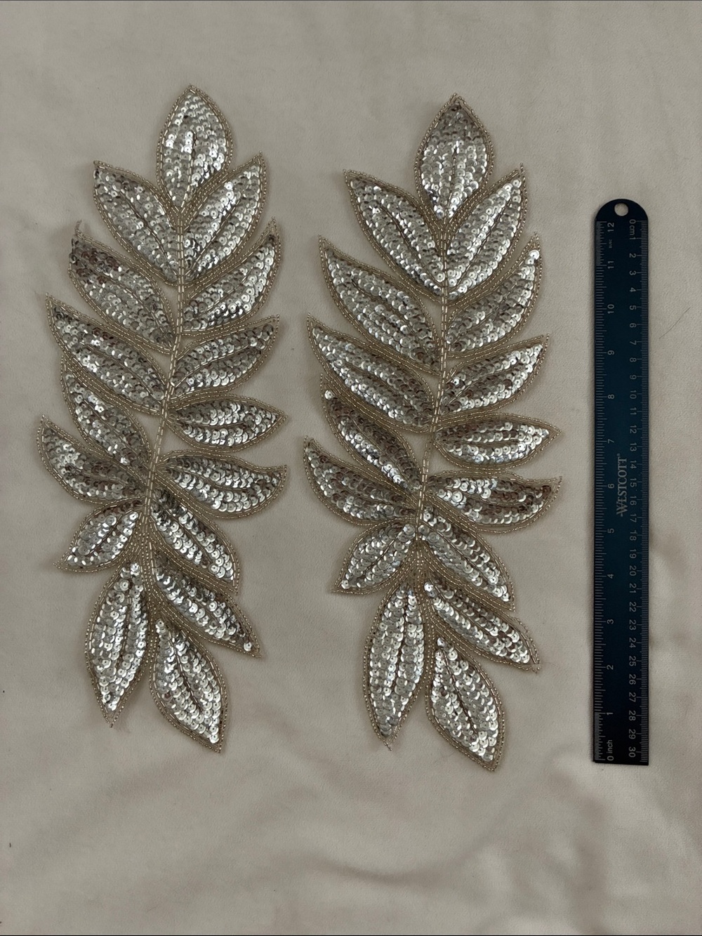 Sequin Leaf Appliqué Pair in Silver